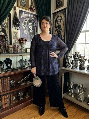 Studio 1940 Whimsigoth Purple Rose Mesh Tunic Blouse Plus Size 2X Made in USA